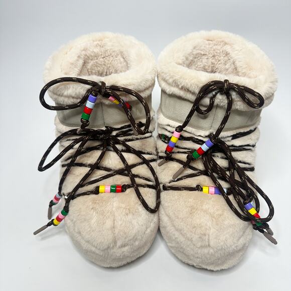 Moon Boot Resort Icon Low Cream Faux Fur Beaded Lace Up Snow Boots 5.5 - 7 - Picture 4 of 16